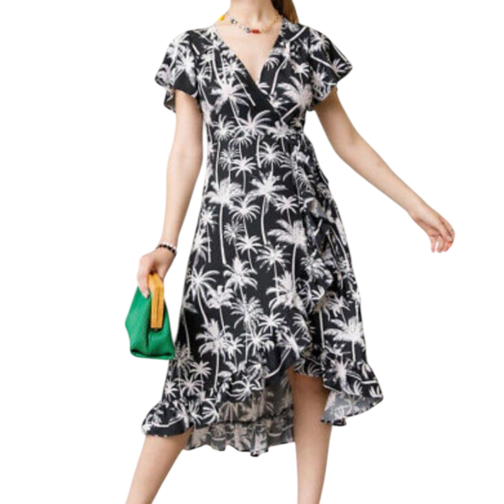 Blue Rain Black and White Palm Print Dress M